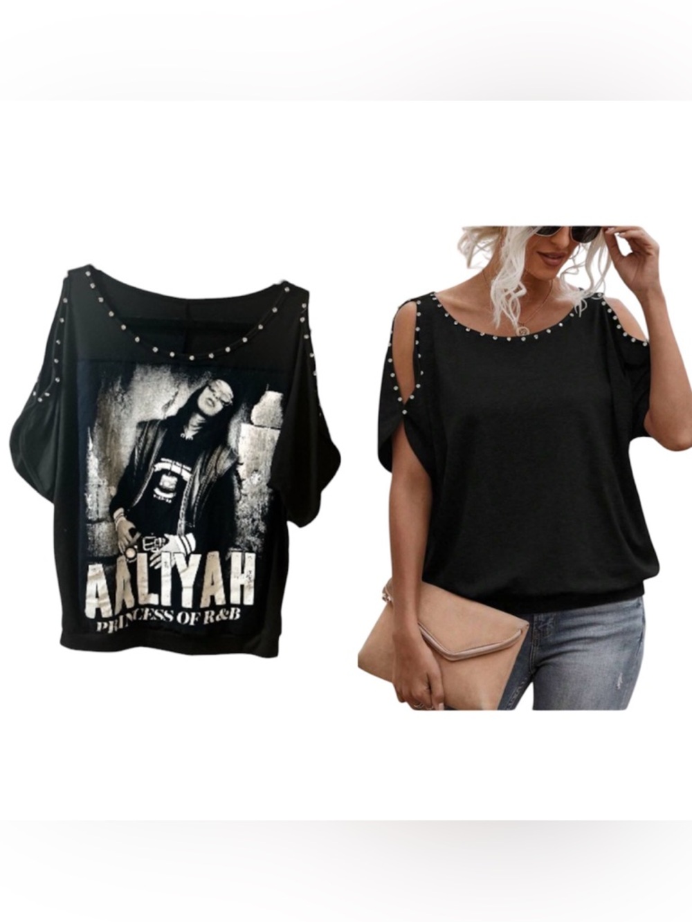 One of a Kind Upcycled Black Aaliyah Graphic Cold-Shoulder Studded Top 21X24 - Picture 2 of 3